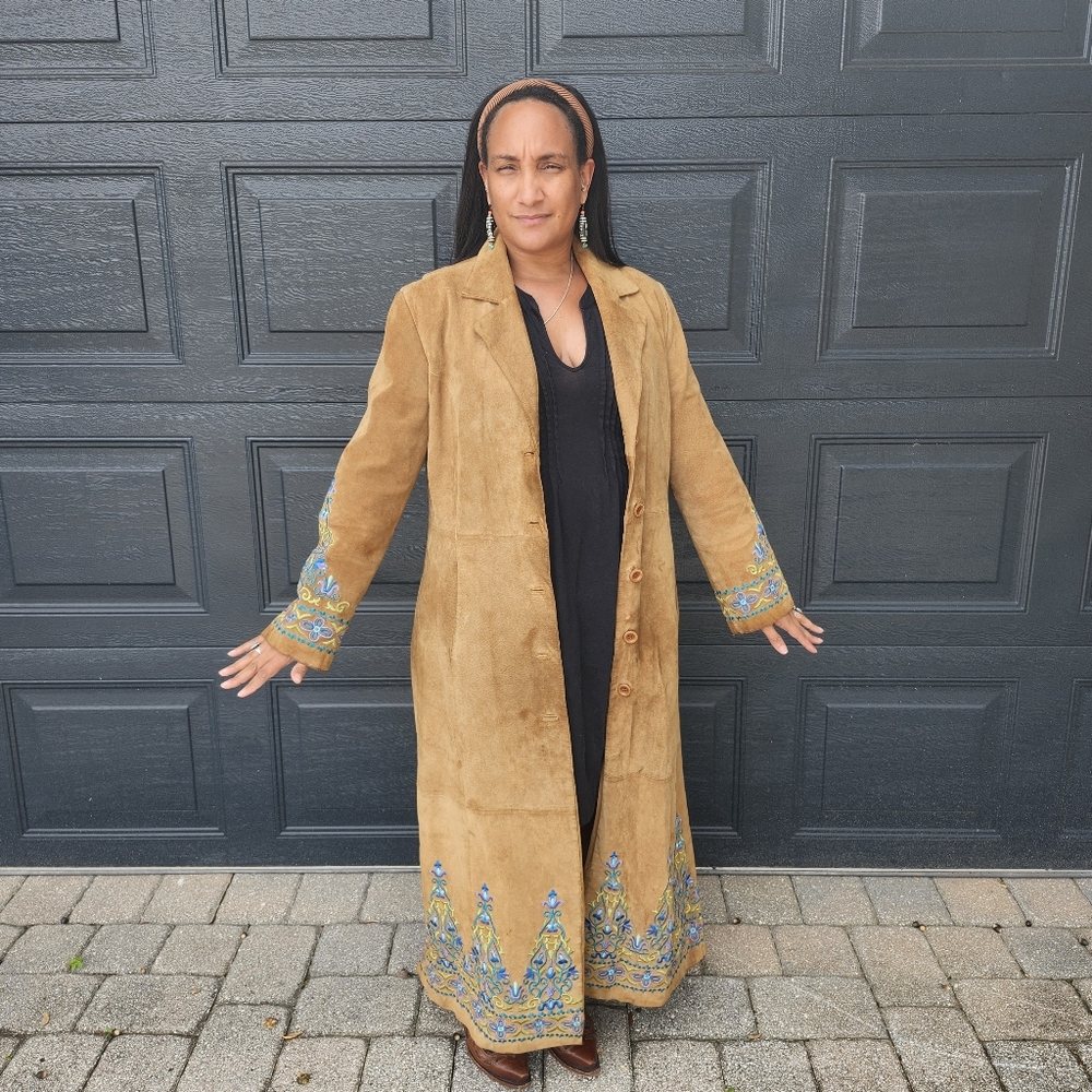 Vintage Suede Leather Embroidered Long Trench Style Jacket  Size Large